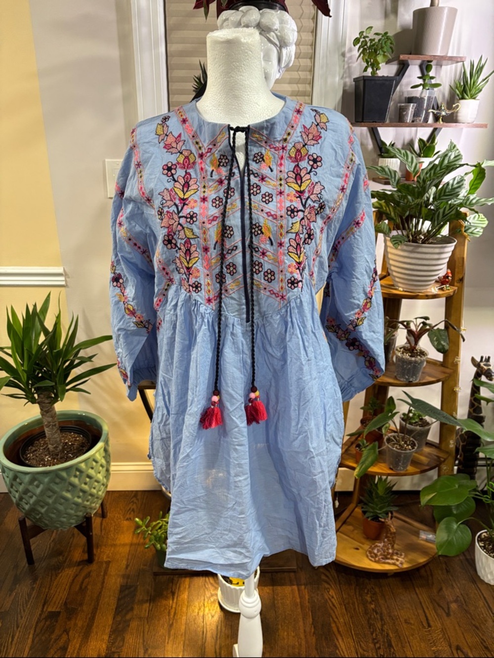 Ethnic by Outfitters Light Blue Embroidered Boho Tunic with Tassels size M